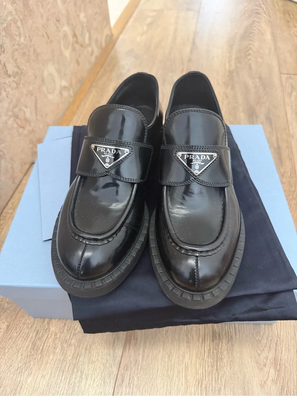 Authentic Prada Chocolate Brushed Leather Loafers in Black Women’s size 37